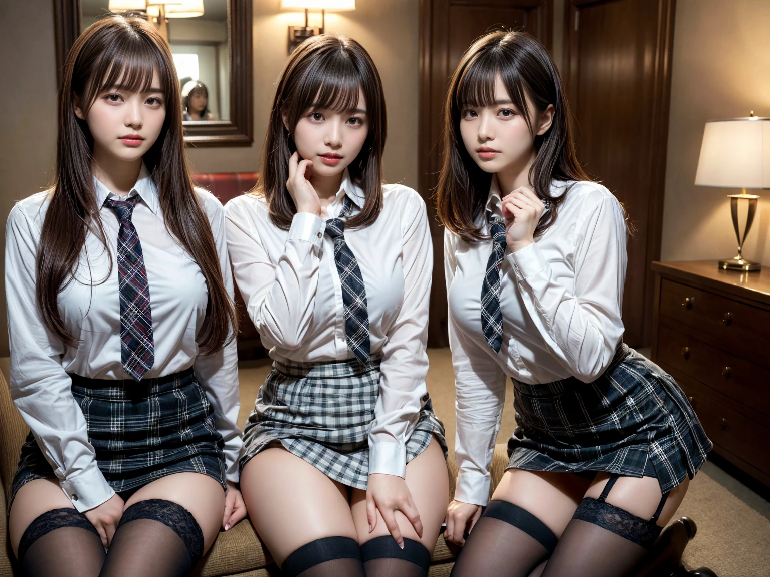 masterpiece, best quality, illustration, Super detailed, fine details, High resolution, 8K,wall paper, perfect dynamic composition,(Details High quality, realistic depiction of eyes:1.3), (3 girls), (white school shirt :1.2), (plaid skirt :1.3), tie black, black thigh-high stockings, sitting, open legs, short bob hair, in a hotel room in the background, deep on field, large breasts, black hair color, Big Natural Color Lip, (perfect body shape), crying a little、Harajuku style、20 year old girl、cute type、beautiful legs, Gravure Idol