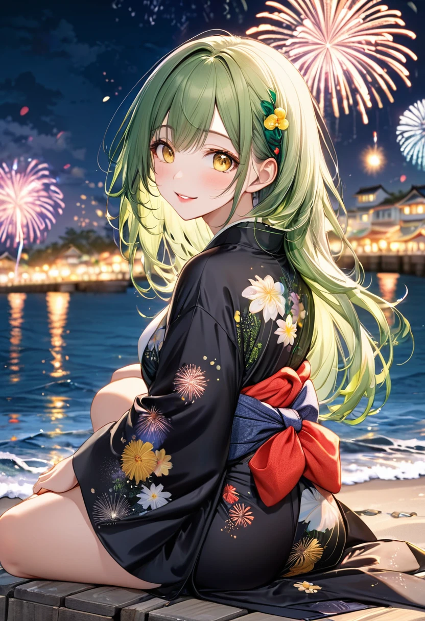 (beautiful back style), (solo:2, 15 yo, Look love face), (beautiful detailed green hair, long hair girl, sexy yellow eyes, glossy lip, medium tits, love smile), in A beautiful detailed yukata, sit down on breakwater, break, in the night fly Fireworks in beach, background beautiful many fireworks Over the ocean, BREAK, perfect anatomy, masterpiece, beautiful detailed night,best quality, daydreaming expression.