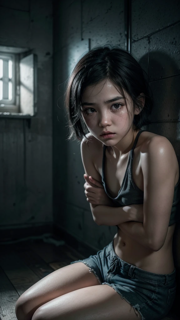 a girl trapped in a small, prison room, short black hair, shorts, scared, crying, hands tied with rope, hungry, dark space, dim lighting, sitting on the floor, (best quality,4k,8k,highres,masterpiece:1.2),ultra-detailed,(realistic,photorealistic,photo-realistic:1.37),extremely detailed eyes and face,longeyelashes,dramatic lighting,moody atmosphere,high contrast,muted colors,tiny body, small black eyes, scrazy, 20 year old, tied, kidnaping