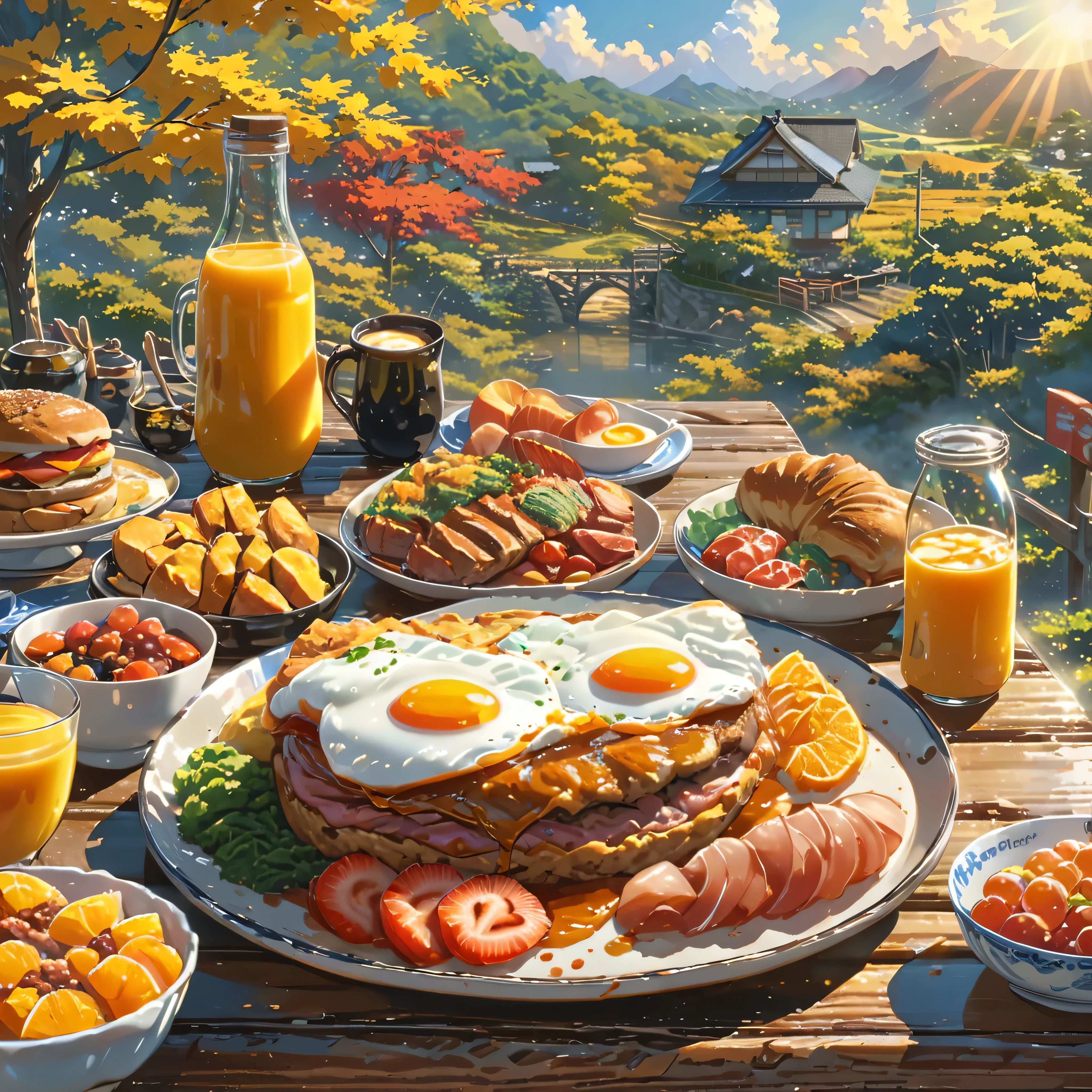 eating breakfast, good scenery, beautiful sunshine, best food, anime style, masterpiece, UHD, accurate, high quality, high details, super detail, award winning, best quality, 16k