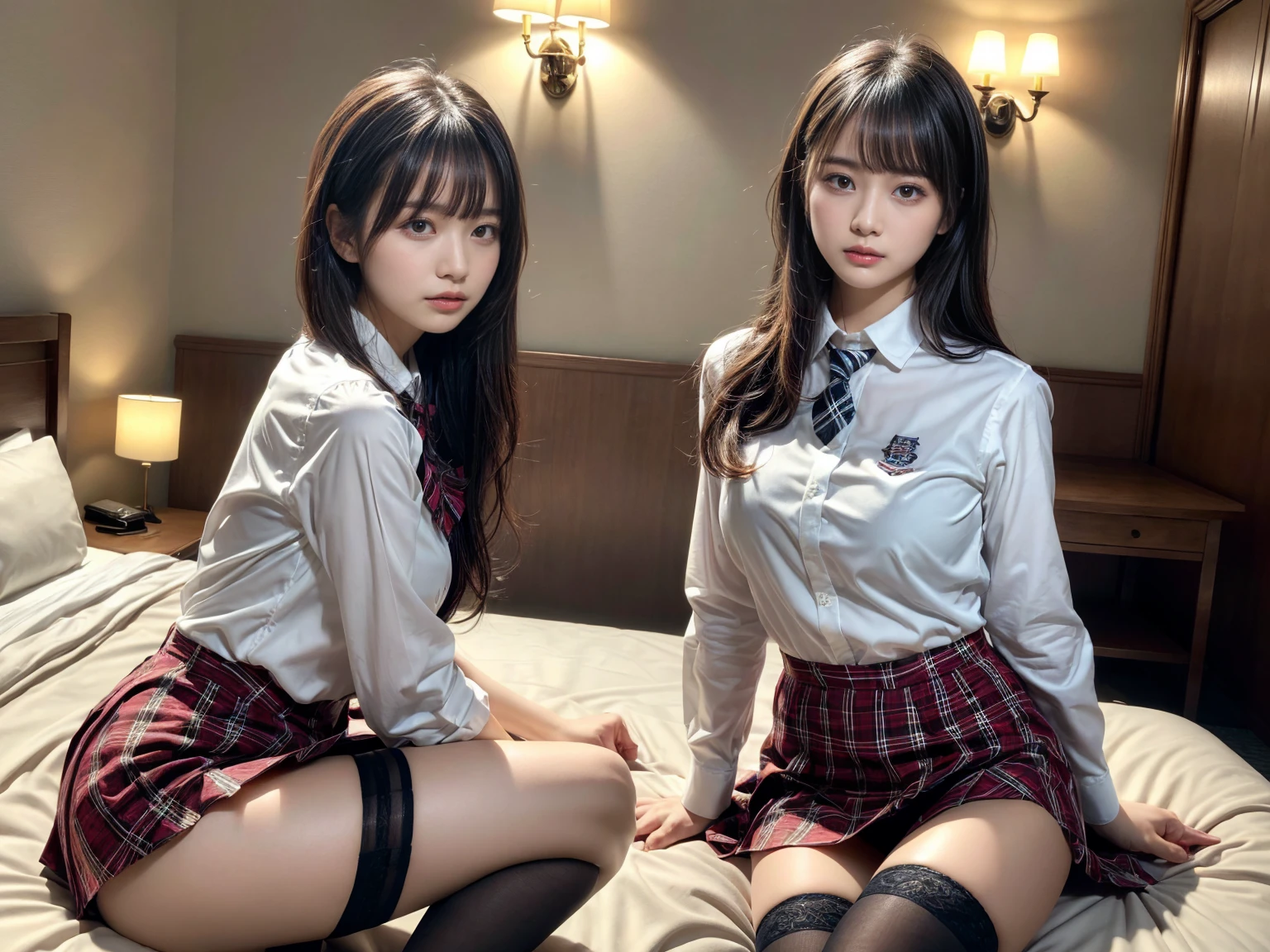 masterpiece, best quality, illustration, Super detailed, fine details, High resolution, 8K,wall paper, perfect dynamic composition,(Details High quality, realistic depiction of eyes:1.3), (3 girls), (white school shirt :1.2), (plaid skirt :1.3), tie black, black thigh-high stockings, sitting, open legs, short bob hair, in a hotel room in the background, deep on field, large breasts, black hair color, Big Natural Color Lip, (perfect body shape), crying a little、Harajuku style、20 year old girl、cute type、beautiful legs, Gravure Idol