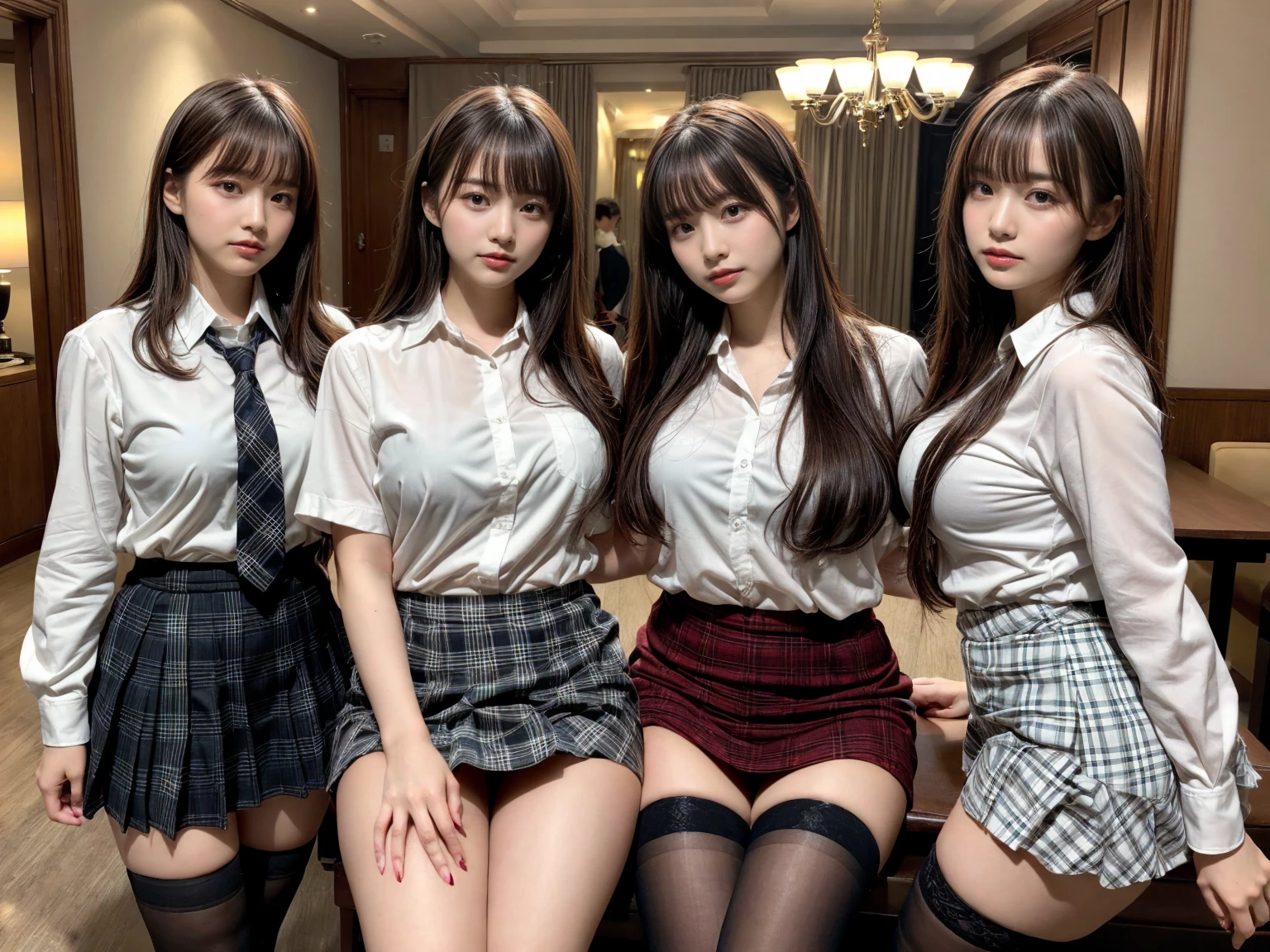 masterpiece, best quality, illustration, Super detailed, fine details, High resolution, 8K,wall paper, perfect dynamic composition,(Details High quality, realistic depiction of eyes:1.3), (3 girls), (white school shirt :1.2), (plaid skirt :1.3), tie black, black thigh-high stockings, sitting, open legs, short bob hair, in a hotel room in the background, deep on field, large breasts, black hair color, Big Natural Color Lip, (perfect body shape), crying a little、Harajuku style、20 year old girl、cute type、beautiful legs, Gravure Idol