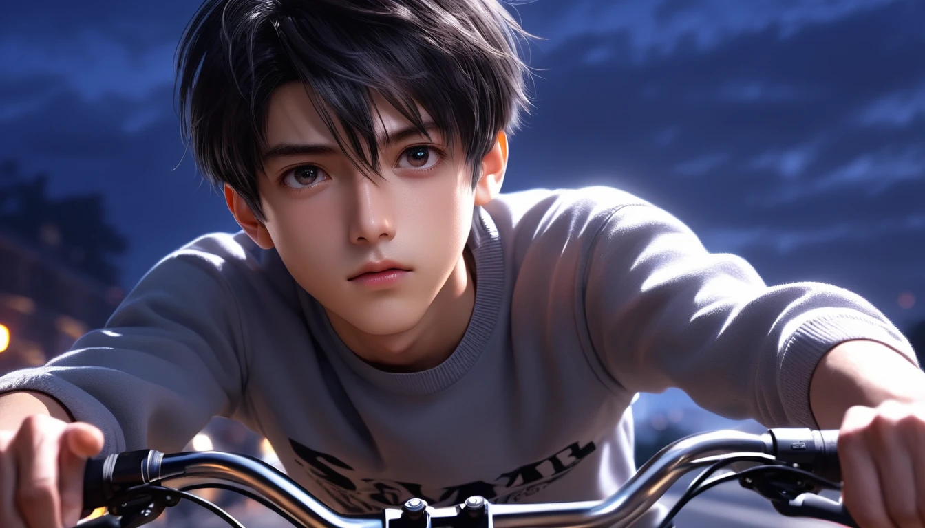 (8k, RAW photos, best quality, masterpiece: 1.4), (((Boy on bike))),Ultra-high resolution, Extremely detailed, light, Upper body close-up, handsome boy, black eyes, (delicate eyes, Eyes are bright:1.2), Black short hair, Fair skin,dark, Grey sweatshirt,(perfect anatomy:1.2), High-quality shadows, Natural Lighting, (White highlights:1.2), night, cloudy day, (River bridge:1.2)