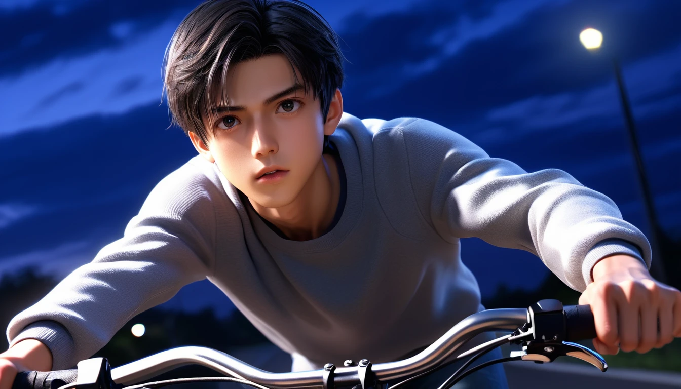 (8k, RAW photos, best quality, masterpiece: 1.4), (((Boy on bike))),Ultra-high resolution, Extremely detailed, light, Upper body close-up, handsome boy, black eyes, (delicate eyes, Eyes are bright:1.2), Black short hair, Fair skin,dark, Grey sweatshirt,(perfect anatomy:1.2), High-quality shadows, Natural Lighting, (White highlights:1.2), night, cloudy day, (River bridge:1.2)