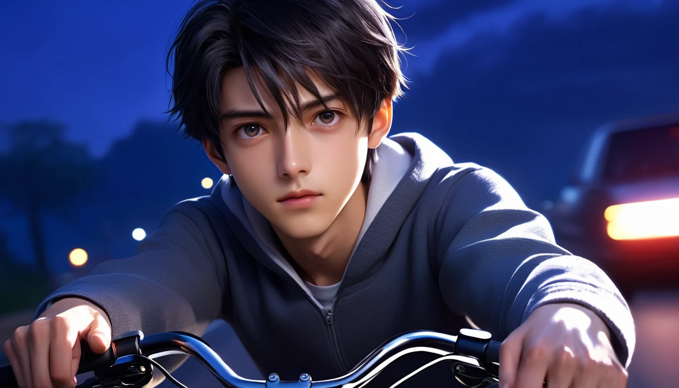 (8k, RAW photos, best quality, masterpiece: 1.4), (((Boy on bike))),Ultra-high resolution, Extremely detailed, light, Upper body close-up, handsome boy, black eyes, (delicate eyes, Eyes are bright:1.2), Black short hair, Fair skin,dark, Grey sweatshirt,(perfect anatomy:1.2), High-quality shadows, Natural Lighting, (White highlights:1.2), night, cloudy day, (River bridge:1.2)