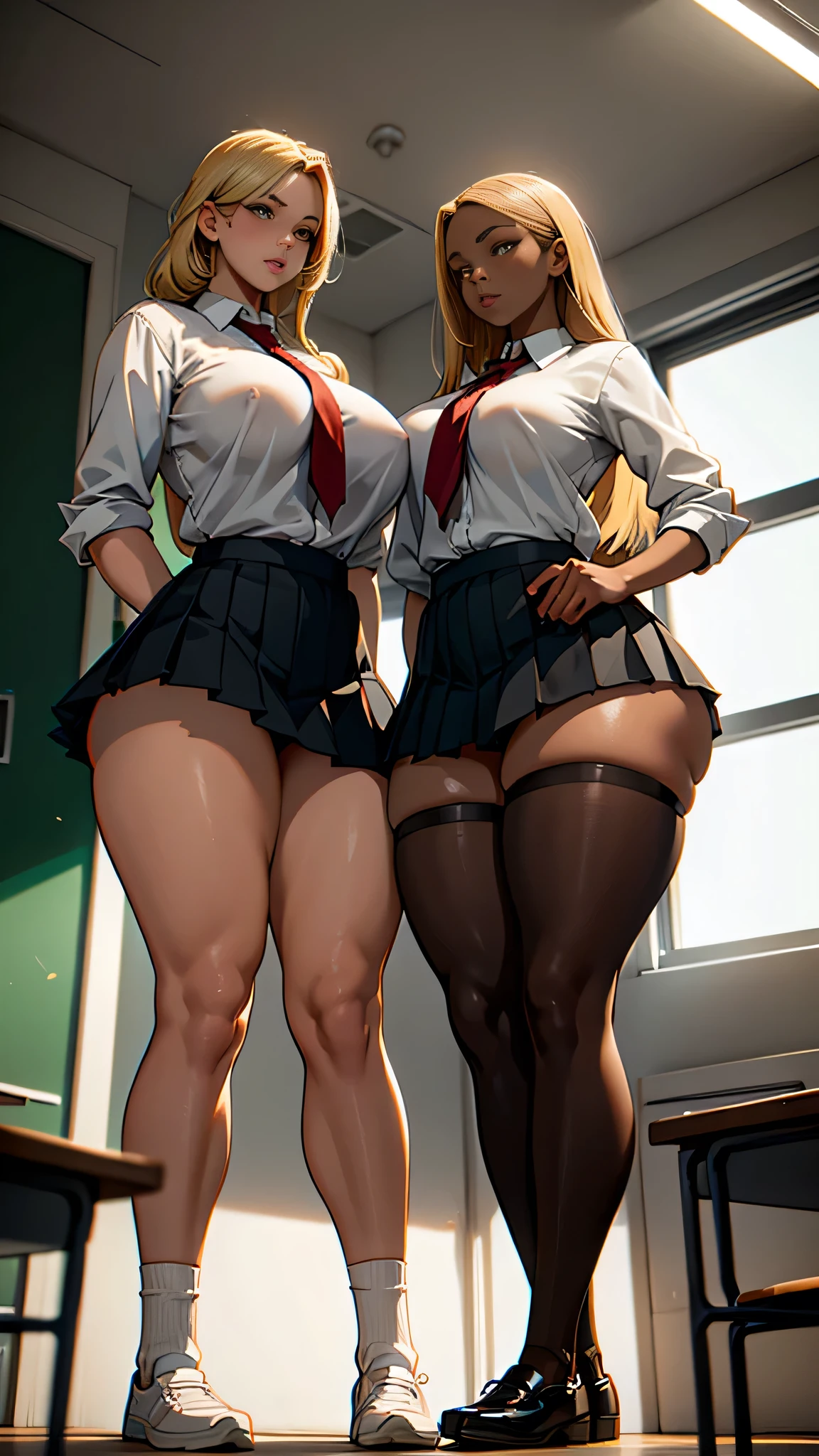 ((Two girls standing side by side))，high school girl，RAW Photos，High-cut underwear，Low Angle（Angle where you can see inside the skirt:1.3，pubic hair），smile，Long eyes，cameltoe，from below:1.3，pointybreasts，Highest quality, Ultra-high resolution:1.3， loose socks，Brown Skin（very fine and beautiful skin）,blonde, Black gal, Highest quality:1.3,(masterpiece), (Very detailed8K:1.1),Very detailed,Cinema Lighting, Detailed light, Best Shadow, Dynamic Angle,Flashy Panties，Very exquisite panties（High leg pants:1.1）,Super big breasts:1.6, Plump thighs, mini skirt（Pleated skirt），Indentation:1.1，In the classroom