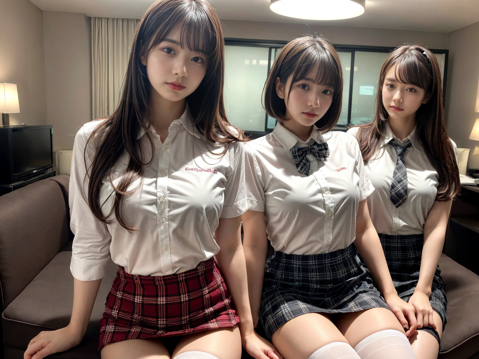 masterpiece, best quality, illustration, Super detailed, fine details, High resolution, 8K,wall paper, perfect dynamic composition,(Details High quality, realistic depiction of eyes:1.3), (3 girls), (white school shirt :1.2), (plaid skirt :1.3), tie black, black thigh-high stockings, sitting, open legs, short bob hair, in a hotel room in the background, deep on field, large breasts, black hair color, Big Natural Color Lip, (perfect body shape), crying a little、Harajuku style、20 year old girl、cute type、beautiful legs, Gravure Idol