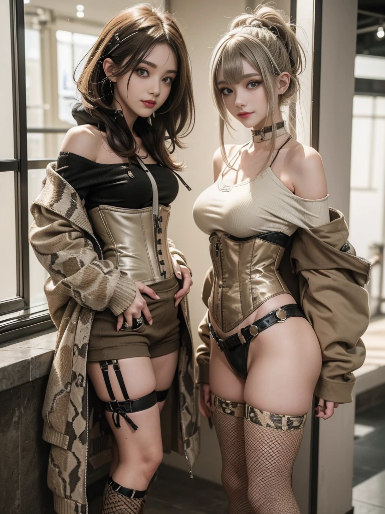 (Smiling with teeth showing:1.3),(Shibuya Gal:1.5)、(Beautiful:1.5)、(Neo-goth fashion:1.5)、(Punk RockVisual Kei:1.5)、(An off-the-shoulder hoodie in khaki and light brown with delicate silver accessories.:1.5)、(A corset with a delicate beige and brown design:1.4)、(White, khaki and brown snakeskin bodysuit:1.5)、(Snake print headband:1.3)、(Beige and charcoal knee socks:1.4)、Embellished collar and long boots、(I'm selling snake print underwear.:1.4)、(Long eyelashes:1.3)、(20-year-old)、((Highest quality、8k、masterpiece:1.3))、1 Female、Slim and beautiful abs:1.3、(hairstyle casual、Beautiful boobs:1.1)、(Doing an aerobics pose:1.3)、dress:1.1、Super small face、Narrow eyes、double eyelid、A sloppy smile、Esbian all over body、Dynamic Angle、Close-up、CPL Filter、Blurred Background、Bokeh、Blue Hour、Detailed face and skin texture、Detailed eyes、,(Twin tails:1.3)、(Black brown hair:1.3)、Gravure idol、(The background is a glamorous dance hall:1.3)、(Make your legs thinner:1.4)、(Slim Body:1.3)、(clavicle:1.1)
