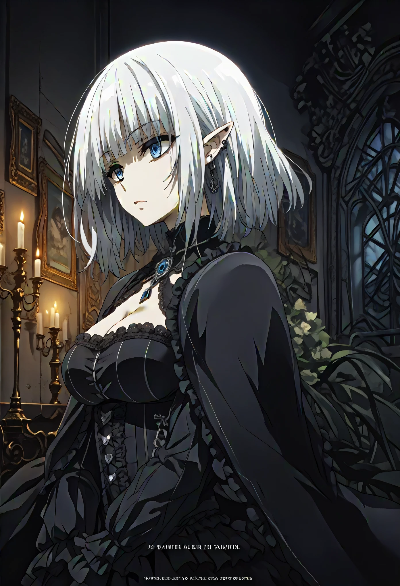 1 girl,short hair,white hair,blue eyes,elf,big breast,Official Art, Unity 8k wallpaper, ultra-detailed, beautiful, beautiful, ((New Goth gal:1.4)), masterpiece, best quality, dark, atmospheric, mystical, romantic, creepy, literature, art, fashion, victorian, decoration, intricate, ironwork, lace, contemplation, emotional depth, supernatural, 1 girl, solo, hip