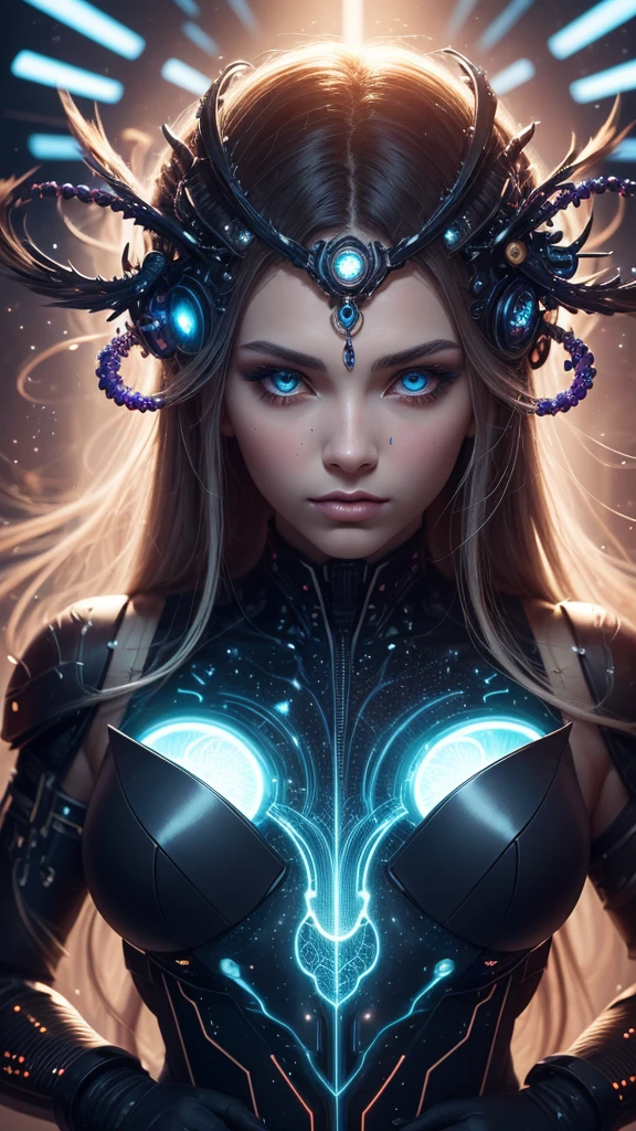 Crie a imagem de uma mulher futurista como se fosse rainha com ourous e uma coroa com um triangulo, This image will be used on the website with the term "engenharia de prompts ia" and needs to represent impeccable and very well finished detail, mas se tratando de uma IA com capacidade ultra realista