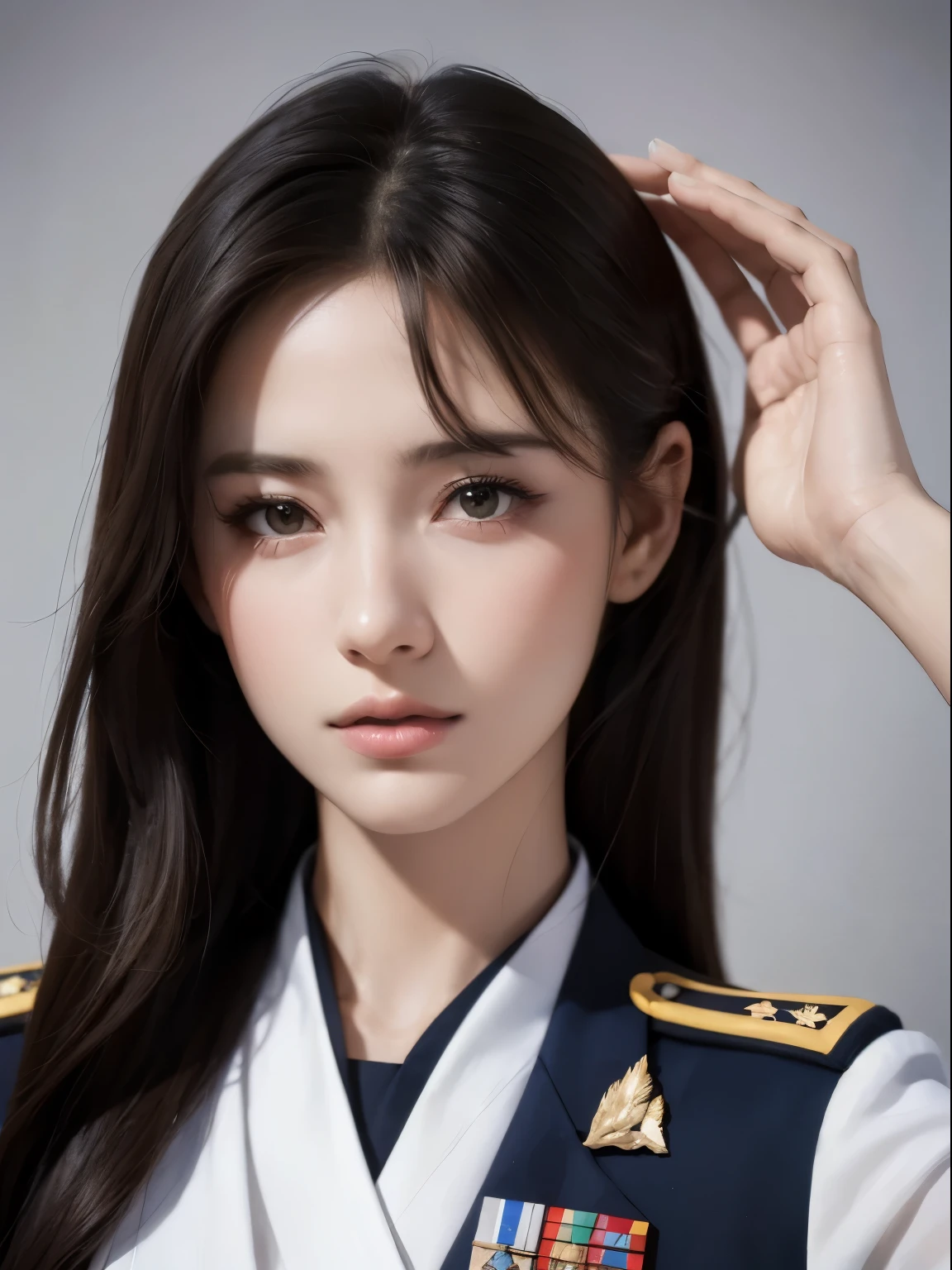 Araped woman in uniform saluting at camera, very beautiful face, beautiful girl model, very beautiful face, beautiful delicate face, sharp beautiful face, Attractive beautiful face, Gorgeous attractive face, lovely and delicate face, beautiful model girl, beautiful and realistic face, gorgeous face portrait, What a beautiful face, detailed beautiful face, beautiful female model, realistic beautiful face