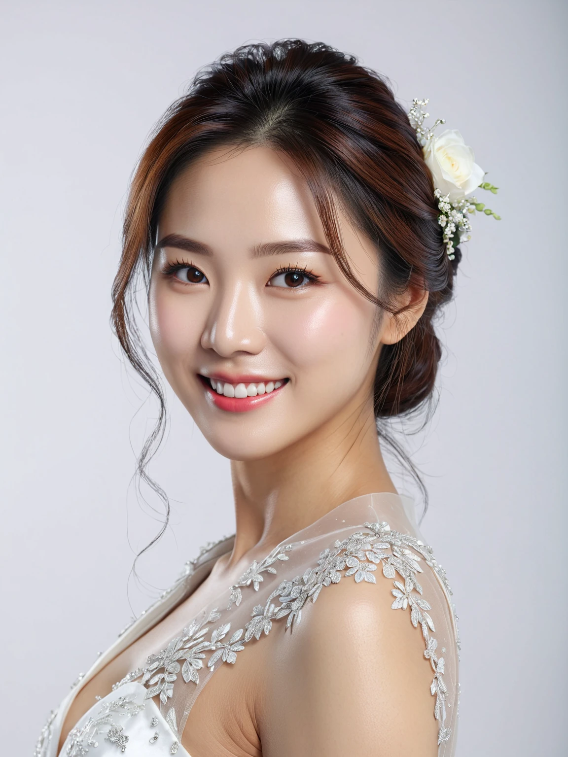 Best Quality, 8k, Masterpiece, (Portrait: 1.3), (photo realistic:1.4), (hyper realistic:1.4), Sharp Focus, looking at viewer, (smoother lighting:1.1), (increase cinematic lighting quality:0.9), realistic lighting, backlighting, light on face, ray trace, (brightening light:1.2), (Increase quality:1.4), sharp detail, (best quality real texture skin:1.4), finely detailed eyes, black_eyes, finely detailed face, 30 year old Korean woman, (Create an image maintaining the original base model hairstyle:1.5), smiling_face, white_weddingdress