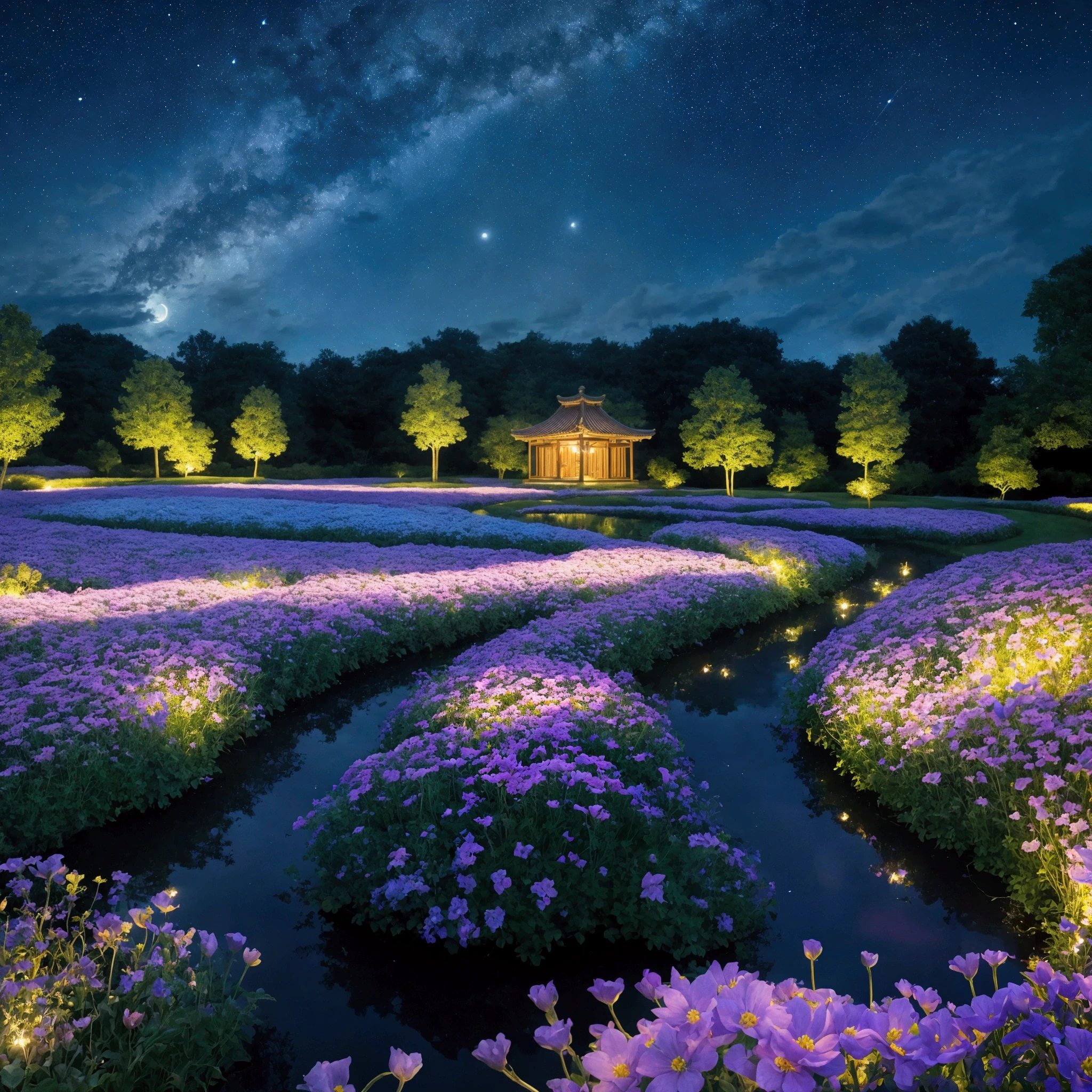 (Highly detailed CG Unity 8k wallpaper), The most beautiful works of art in the world, "Create a cinematic, dreamy, and beautiful realistic depiction of a vast flower field under a starry night. The landscape is enveloped in the darkness of midnight, with a sky full of stars casting a soft glow over the expansive flower field. The flowers, in a myriad of colors, stretch out as far as the eye can see, illuminated subtly by the starlight. The flowers exhibit a unique luminescence, with shades of blue, purple, Japanese style,white, and silver glowing softly in the dark. The gentle rustling of the flowers in the night breeze adds to the serene atmosphere. A faintly lit path winds through the flower beds, leading to small ponds and fountains that shimmer under the moonlight. In the distance, a mystical moon and countless stars enhance the tranquil beauty of the scene. At the edge of the flower field, ancient stone arches and statues stand, evoking the presence of a long-lost civilization. The depiction should capture the interplay between the night's darkness and the flowers' ethereal glow, creating a mesmerizing and enchanting scene that blends reality and fantasy.masterpiece,best quality,ultra detailed