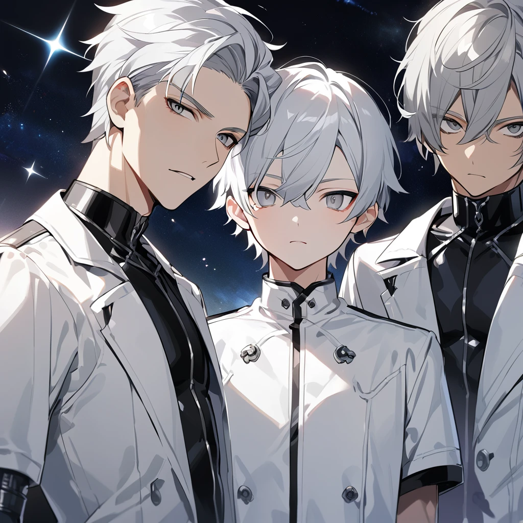 High quality, HD, 4k, no shadows, handsome male, 1male, 17 years old, teenager, short white hair, silver hair, white hair, sharp eyes, grey colored eyes, deep grey eyes, grey eyes, devil may cry, close up, calm expression, stoic expression, black leather clothes, white leather clothing, lean body, well trained body, upper body, looking at viewer, cowboy shot, white solar, space background