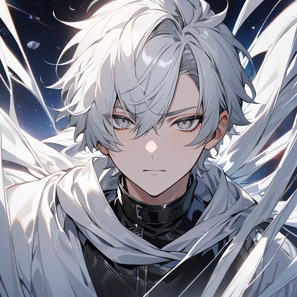 High quality, HD, 4k, no shadows, handsome male, 1male, 17 years old, teenager, short white hair, silver hair, white hair, sharp eyes, grey colored eyes, deep grey eyes, grey eyes, devil may cry, close up, calm expression, stoic expression, black leather clothes, white leather clothing, lean body, well trained body, upper body, looking at viewer, cowboy shot, white solar, space background