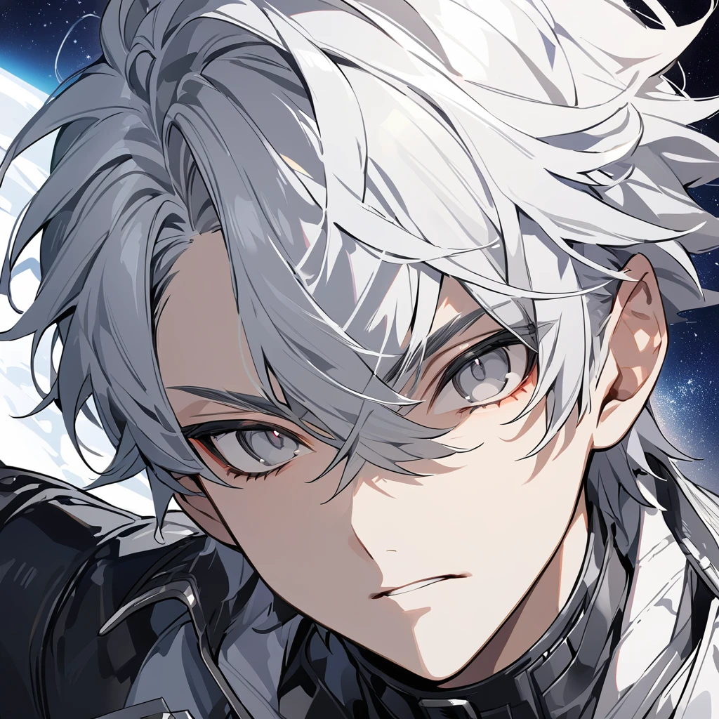 High quality, HD, 4k, no shadows, handsome male, 1male, 17 years old, teenager, short white hair, silver hair, white hair, sharp eyes, grey colored eyes, deep grey eyes, grey eyes, devil may cry, close up, calm expression, stoic expression, black leather clothes, white leather clothing, lean body, well trained body, upper body, looking at viewer, cowboy shot, white solar, space background