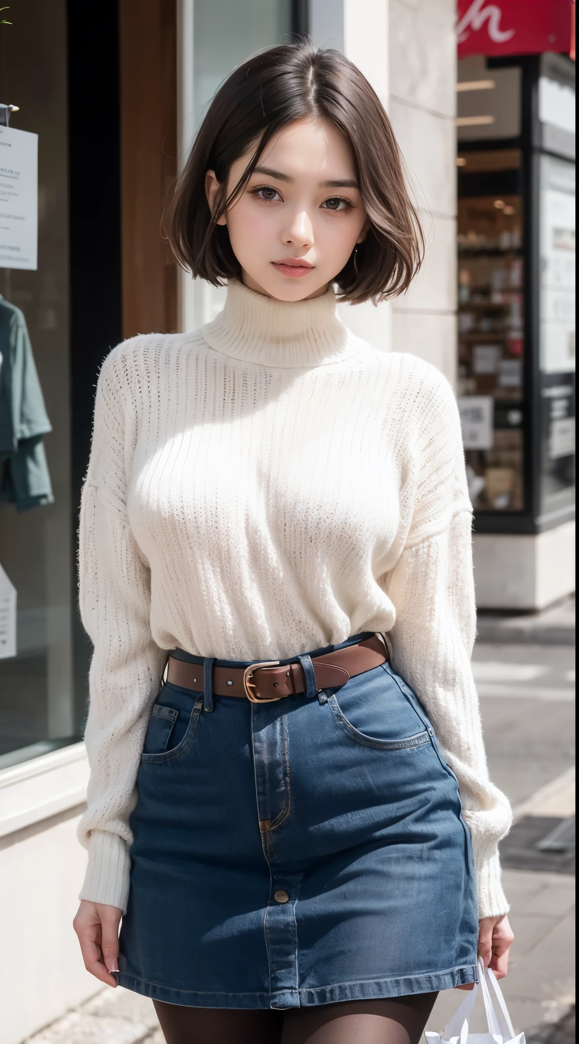 Beautiful girl standing in front of a store in a shopping mall,
(Surreal,High resolution, Very detailed:1.2), (8k), (Beautiful and beautiful eyes, Detailed face:1.2), (Highest quality), (Very detailed), (( masterpiece)),Highest quality,Very detailed,
Beautiful woman standing wearing a dark red checked single-breasted blazer ,break, White turtleneck sweater,
High-waisted flared jumper skirt、Blue belt included, (Ultra-realistic pantyhose), Full Body Shot、
Black medium bob, Beautiful and beautiful eyes, Cute Face, bust, Big Boss, Elegant and beautiful features, Captivating smile,
Age 25, mature, Realistic drawing art ,
1 female, (Whole Body Ezbian:1.2),(頭からbustへの画像スコープ),