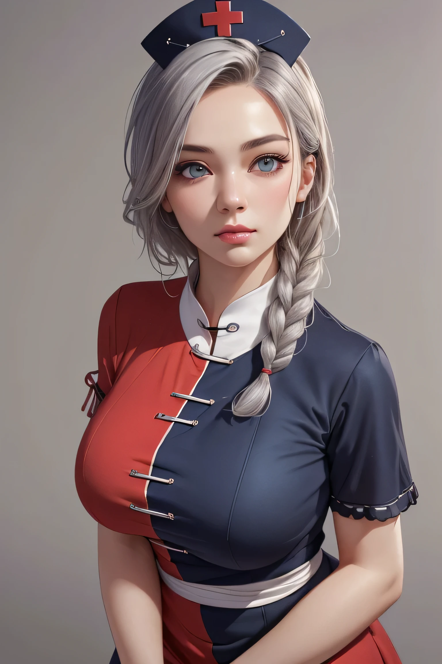 (Ultra-realistic,32K, masterpiece:1.2),(Skin with attention to detail:1.1),( 8K Ultra HD, Digital SLR, high quality:1.1),
 Eight Yi Yonglin, Braiding, Nurse cap, dress, Short sleeve,  Grey Hair ,(blue eyes:0.8), , (Huge breasts:1.1), 
(View your viewers, Leaning forward:1.1),
,(Soft Shade:1.1),Blank Background