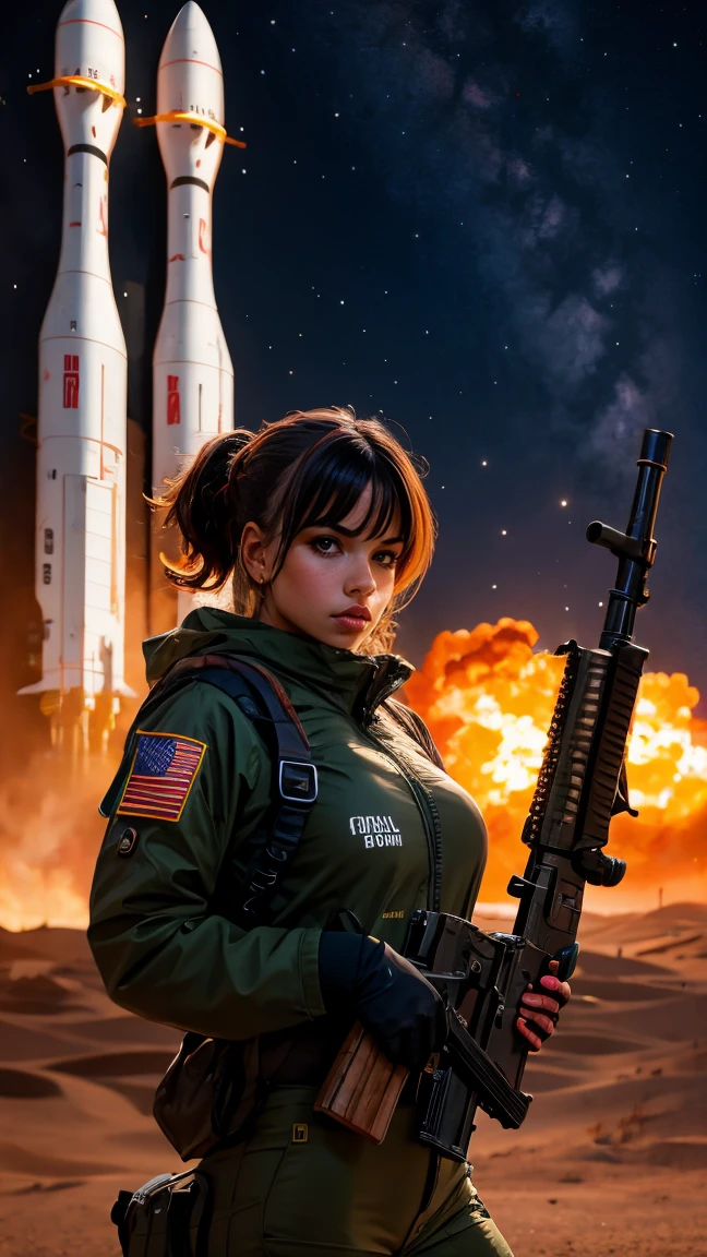 woman with gun in front of spaceship, hyperrealistic fantasy art, eternal fatality, female assault soldier, planet sky background, inspired by Jan Victors,  with a shotgun in the foreground, Orion, gray-orange, dune (2021) --16:9 ratio, 5.1 sound