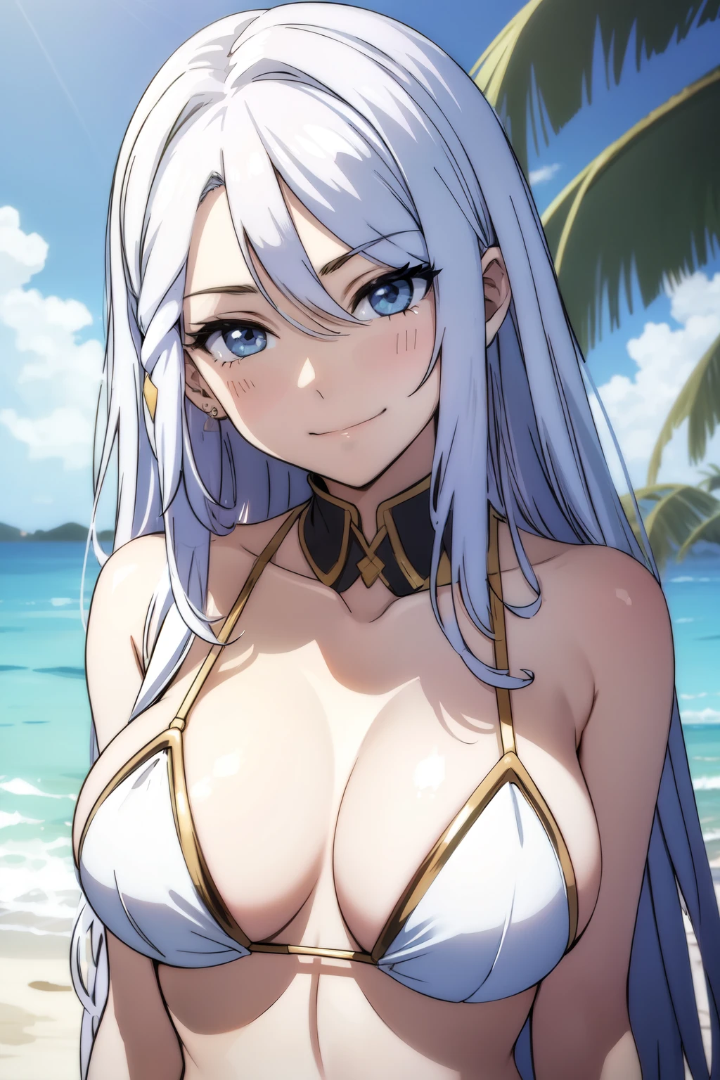 1 girl, White bikini, Big breasts, Long hair, smily face