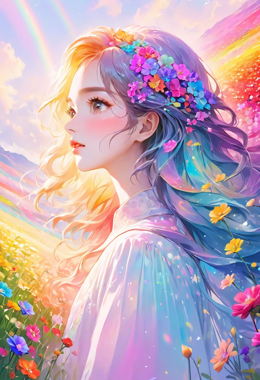 Masterpiece High resolution Beautiful girl profile Rainbow hair Transparent flowers close to face with both hands Fantastic flower field Night Korean style makeup Mature Older sister Eye makeup