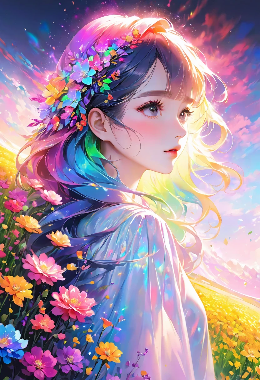 Masterpiece High resolution Beautiful girl profile Rainbow hair Transparent flowers close to face with both hands Fantastic flower field Night Korean style makeup Mature Older sister Eye makeup
