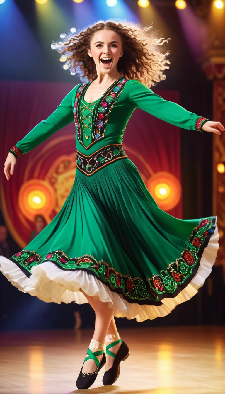Full body shot, a lively irish dancer performing an energetic traditional irish dance routine, highly detailed, intricate footwork, dynamic movement, colorful traditional irish costume, flowing dress, tapping feet, vibrant facial expressions, swirling hair, stage lights, blurred motion background, (best quality,8k,highres,masterpiece:1.2),ultra-detailed,(realistic,photorealistic,photo-realistic:1.37),vibrant colors,dramatic lighting,cinematic composition