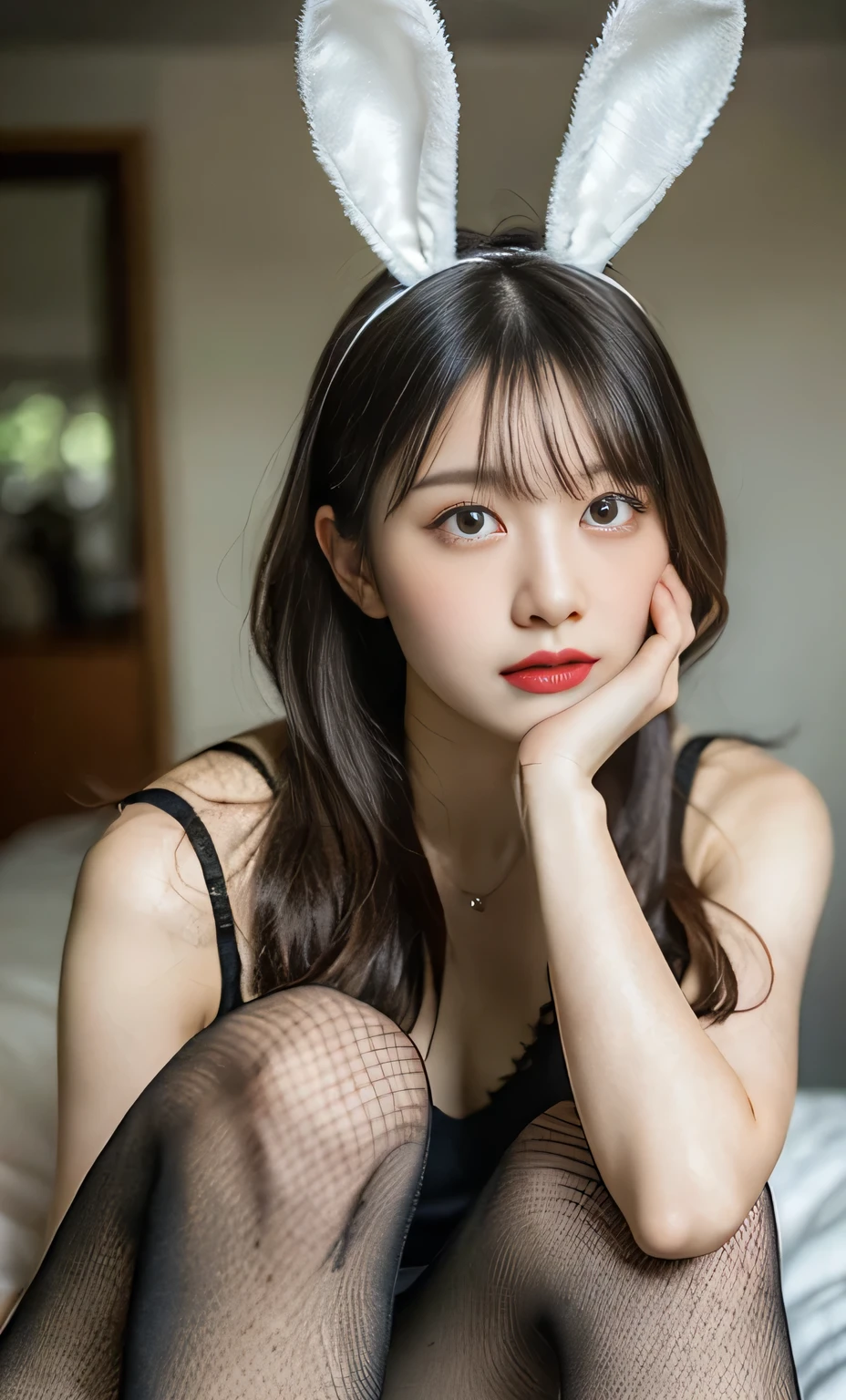 (RAW photo: 1.2), top quality, beautiful detailed girl, bunny girl, angry face, highly detailed eyes and face, beautiful detailed eyes, huge file size, high resolution, high resolution, 8k wallpaper, fine detail, highly detailed ticker uniform 8k wallpaper, light on face, movie lighting, 16 year old girl, sexy pose, (photorealism: 1.4), illustration, Surrealism, from below, super detail, masterpiece, Playboy bunny, fishnet pantyhose, lying in bed