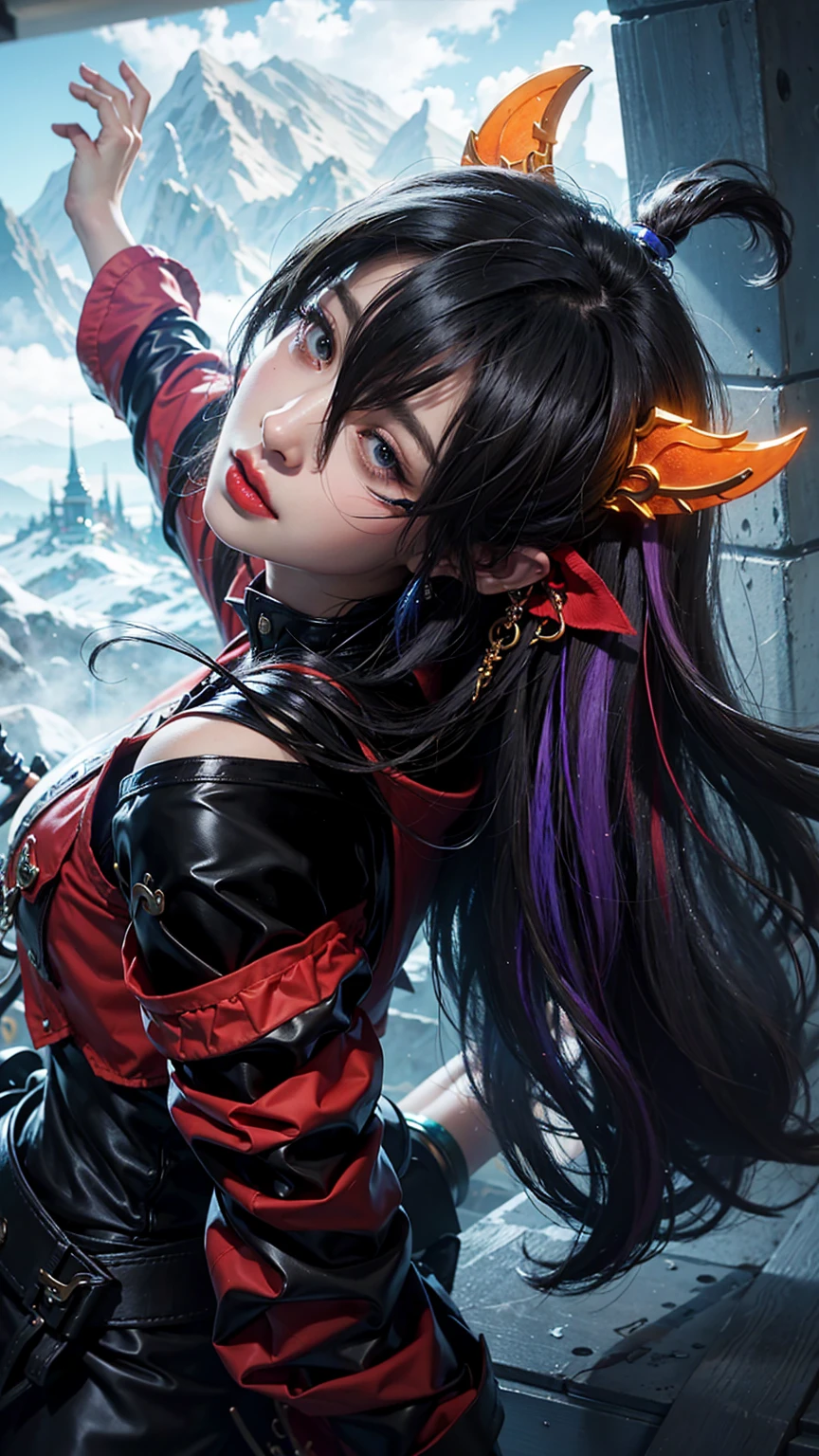 Ninja girl, ninja costume, samurai sword on the back of a statue, golden moon, dark sky.