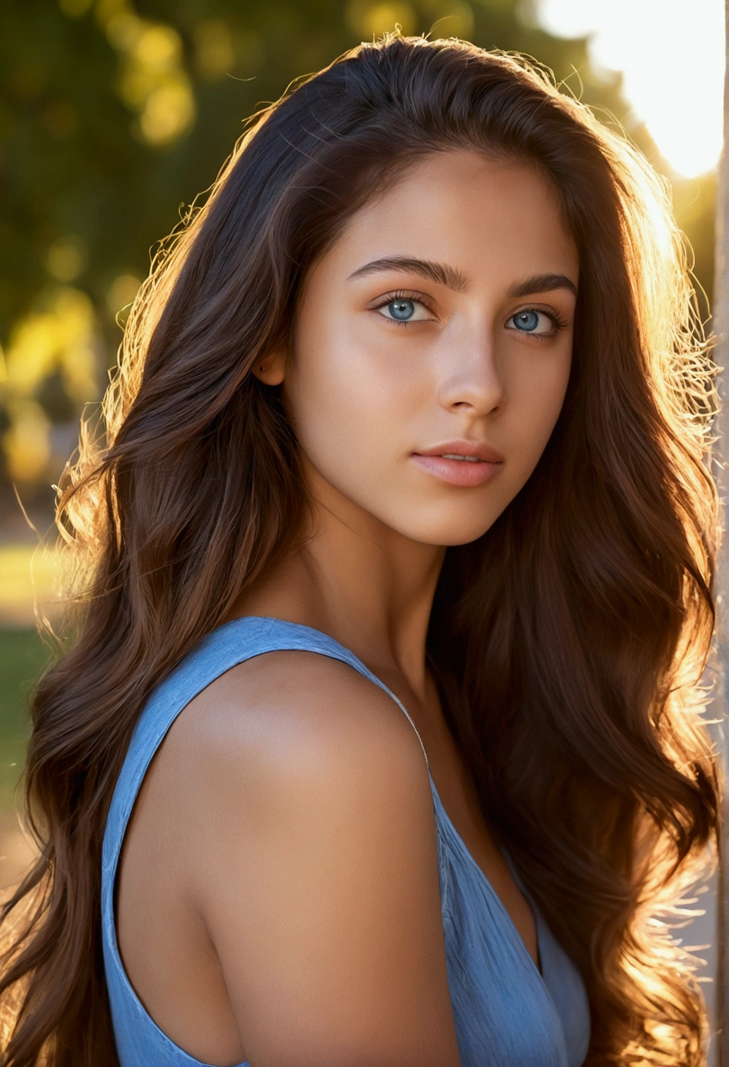 photorealistic portrait of a 24-year-old latina girl with long, flowing Brown hair and striking Blue eyes. She should have a natural, approchableexpression and be illuminated by soft, golden- hour sunlight. The background should be a scenic outdoor setting, perhaps a sunlit park or beach. Capture this image with a high-resolutionphotograph using an 85mm lens for a flattering perspective
