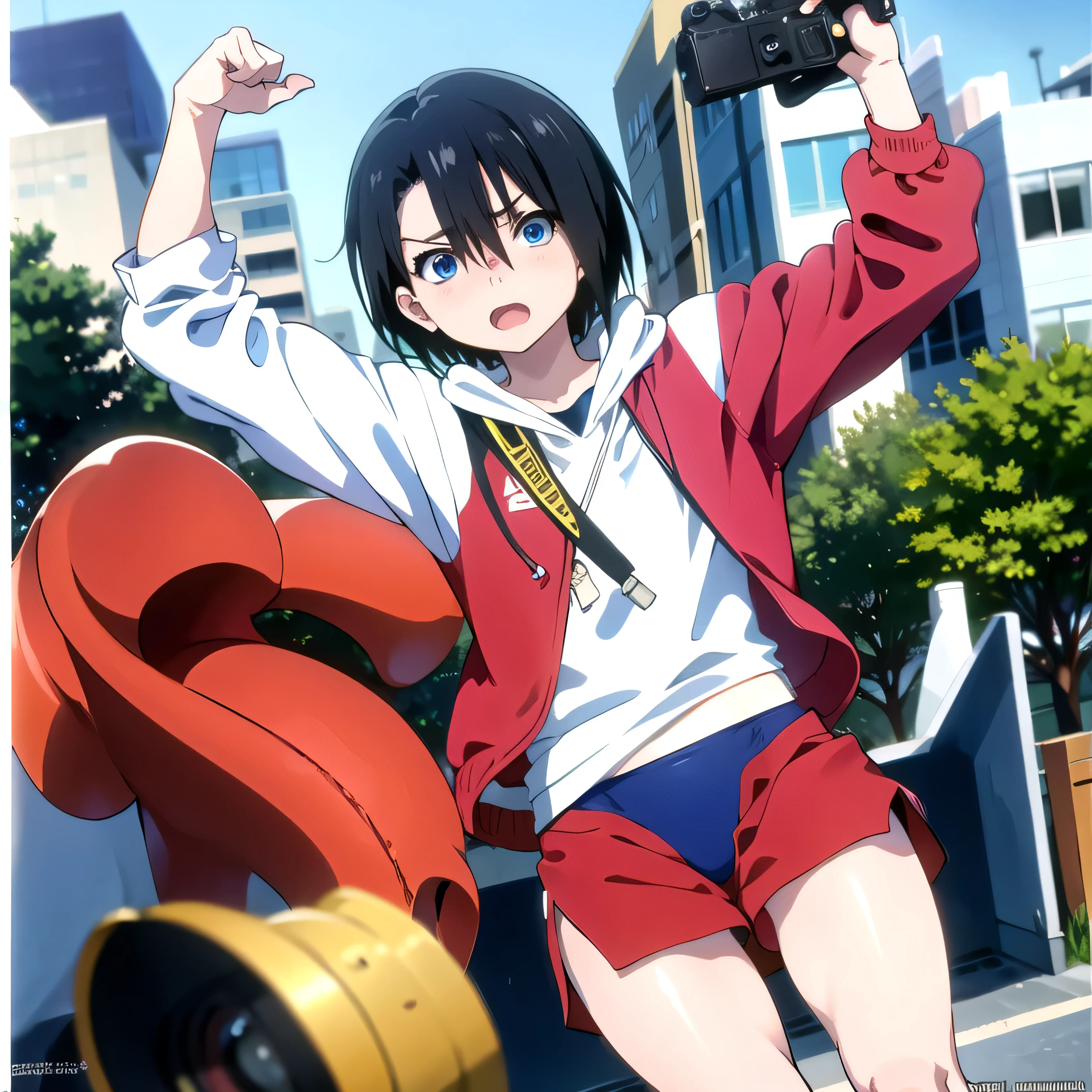 most absurd, highres, masterpiece, best quality,
1 girl, blue eyes, cute face, Red Leotard, open jersey, White hoodie, rote Shorts, Camera, scowl look, View Viewer, outside, Stand, from front view,
Yuzuro Nishimiya