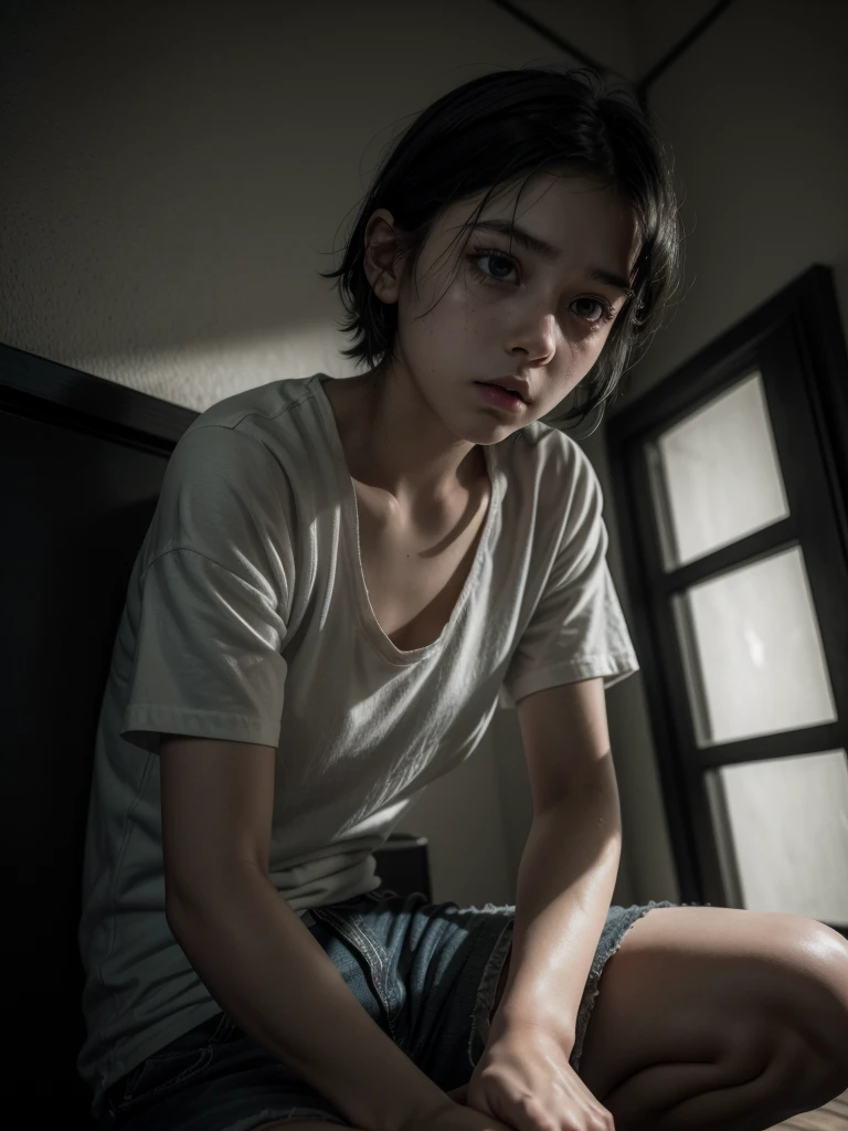 a girl trapped in a small, prison room, short black hair, shorts, scared, crying, hands tied with rope, hungry, dark space, dim lighting, sitting on the floor, (best quality,4k,8k,highres,masterpiece:1.2),ultra-detailed,(realistic,photorealistic,photo-realistic:1.37),extremely detailed eyes and face,longeyelashes,dramatic lighting,moody atmosphere,high contrast,muted colors, small black eyes, scrazy, 20 year old, tied, kidnaping, gore, slave