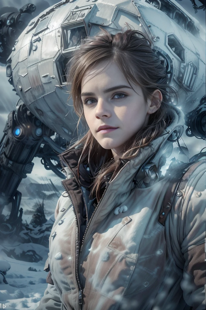 (Emma watson, detailed, 8k, photorealistic, cinematic lighting, dramatic lighting, full body shot), (apocalyptic,snowy winter landscape), (beautiful young woman, 23 years old, gorgeous european features,cleavage, short messy brown hair, intense gaze, elegant pose), (giant futuristic spacecraft,high-tech shuttle,cold icy environment),