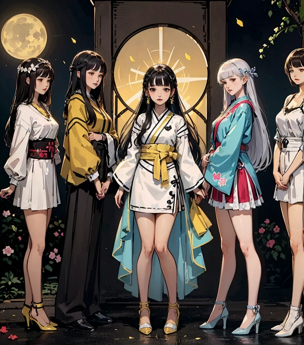 ローアングルFull Body Shot1.4、(Pitch Black Night、moonlight、Black Sky、Distant Mountain々々You can see a wide meadow、Lots of petals、Hair blowing in the wind)(((Yellow and black dress、High heels)))、(((Full Body Shot、Saints praying to the moon)))(((Japanese women, 18-year-old、Small face 1.4、、Blunt bangs、length、Straight hair、Black-haired、Five Fingers、Full body photo 1.4)))、(Small ear-shaped arms and legs、Waist circumference、Detailed skin with blood vessels showing through、Beautiful skin shining with sweat、Detailed skin with visible pores、Realistic, Detailed skin of downy hair、リアルでDetailed skin、Highly detailed and beautiful face、Beautiful and well-proportioned face、Very cute face、Darkening of the armpits、Detailed skin)