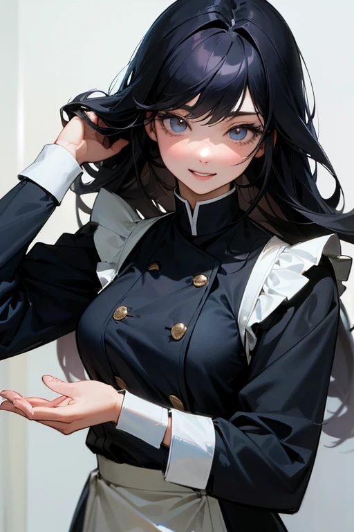 (Highest Resolution, clear_image) Highest quality, Single, One Woman, alone, masterpiece, Very detailed, Semi-realistic, Black Hairのショートヘア, Black Hair, bangs, 18-year-old, mature, light blue uniform, uniform, Indoor Background, kind, Authoritative, Powerful, exquisite features, exquisite features、Eyelashes become longer、Showing teeth、smile😀、Maid clothes、Touching your hair