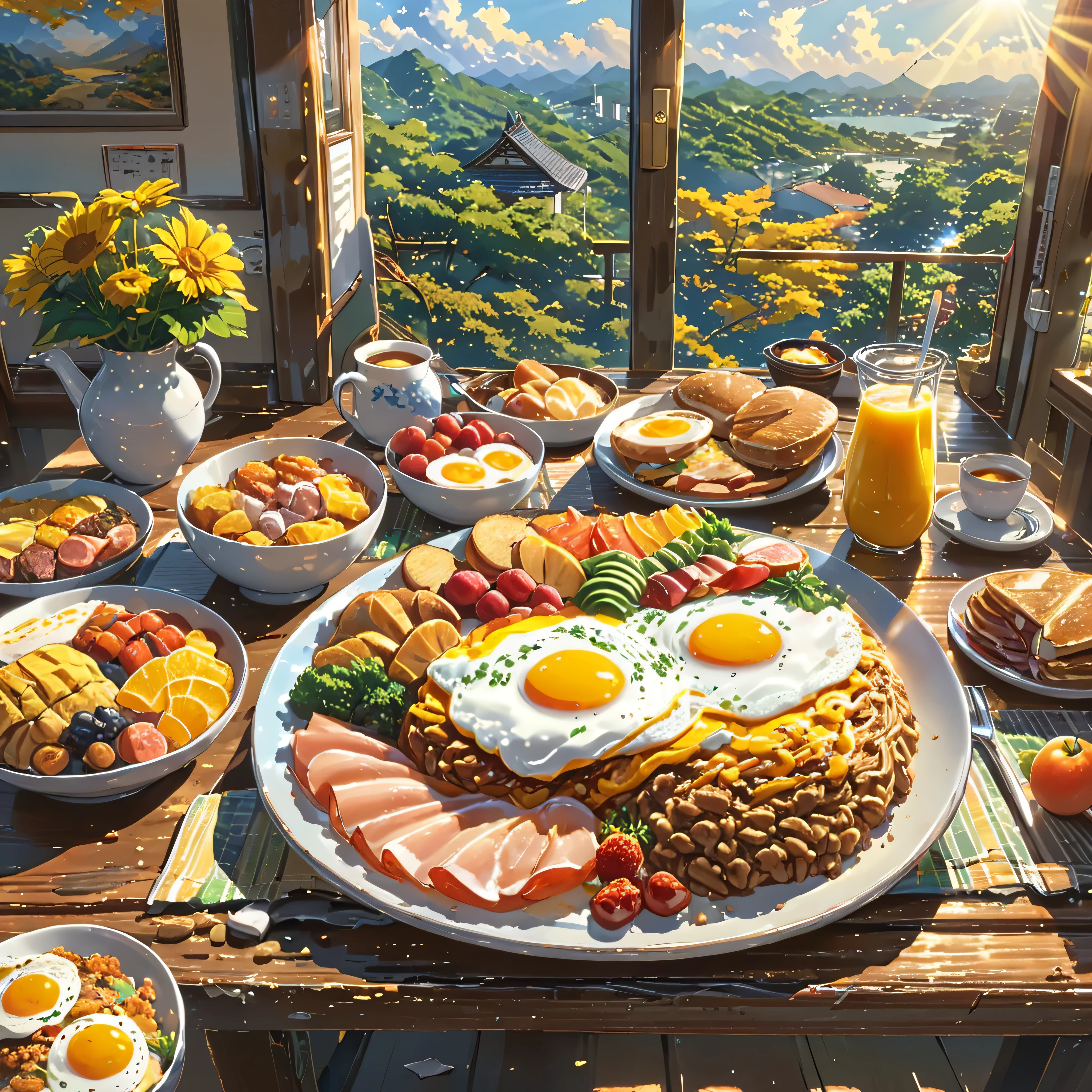 eating breakfast, good scenery, beautiful sunshine, best food, anime style, masterpiece, UHD, accurate, high quality, high details, super detail, award winning, best quality, 16, 5 fingers, best hands