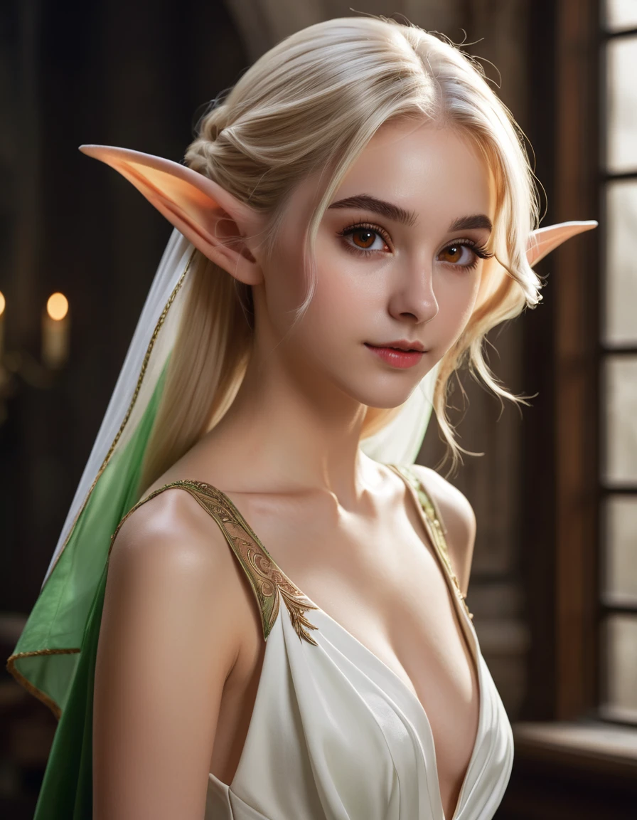 (best quality), 1girl, female, porcelain skin, blonde hair, straight hair, medium hair, swoopy tips, Flipped-up ends, brown eyes, perfect eyes, skinny body, , (elf), pointed ears, fantasy dress, small bust, shy, masterpiece, anatomically correct, highres