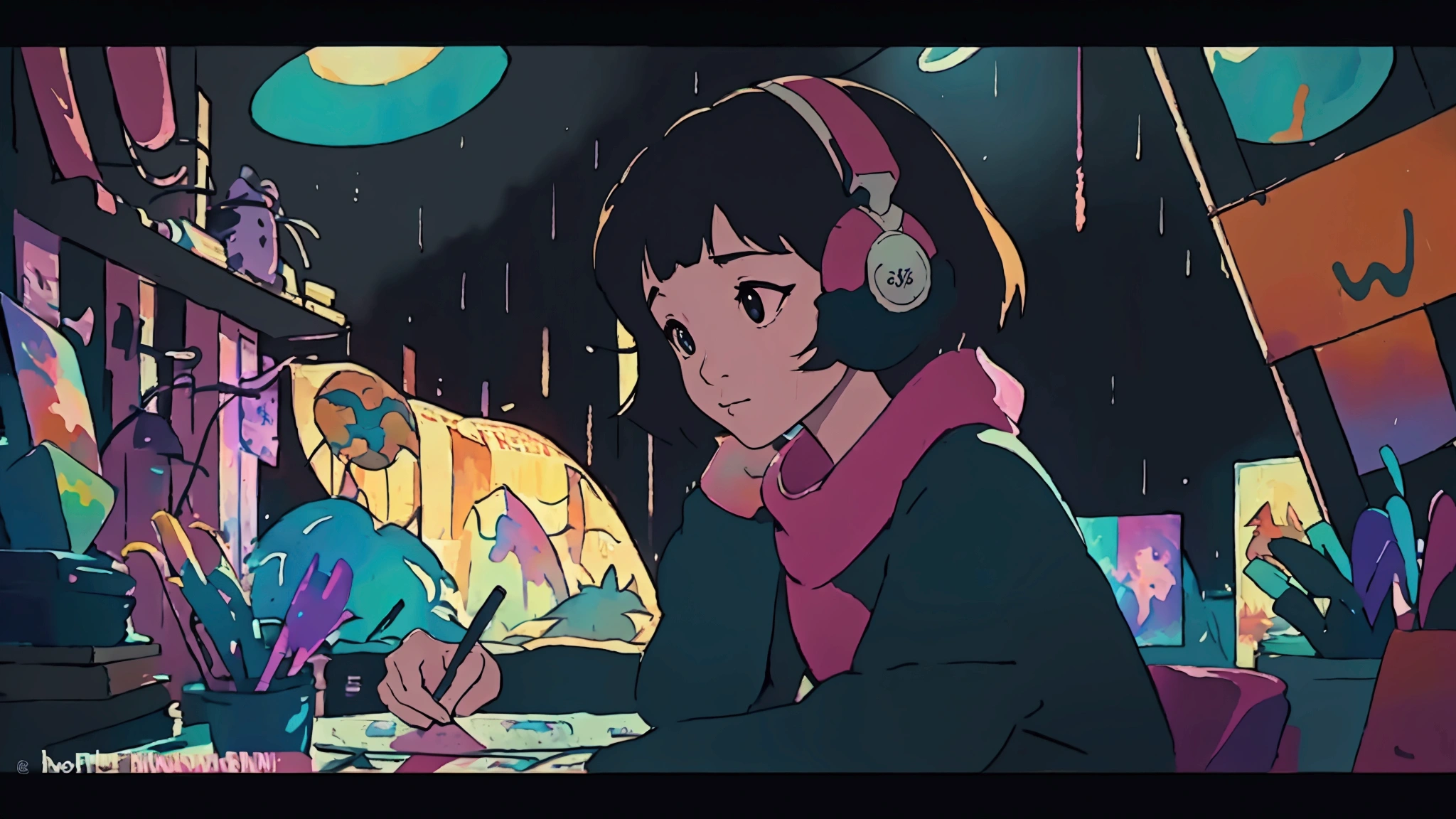 Asian woman studying in the room, dream, Wear headphones, night lighting, Neon scenery on a rainy day, Analog Color Theme, Lo-fi hip hop , review, flat, 2.5D ,Draw a line, Ink painting, Large slope, Watercolor, Goosh Colors, Studio Ghibli Style, Great colorful, Outerton, Krautlock, Lofi Art,  70s style,Old Texture, amplitude,Psychedelic atmosphere, masterpiece, Great technology,