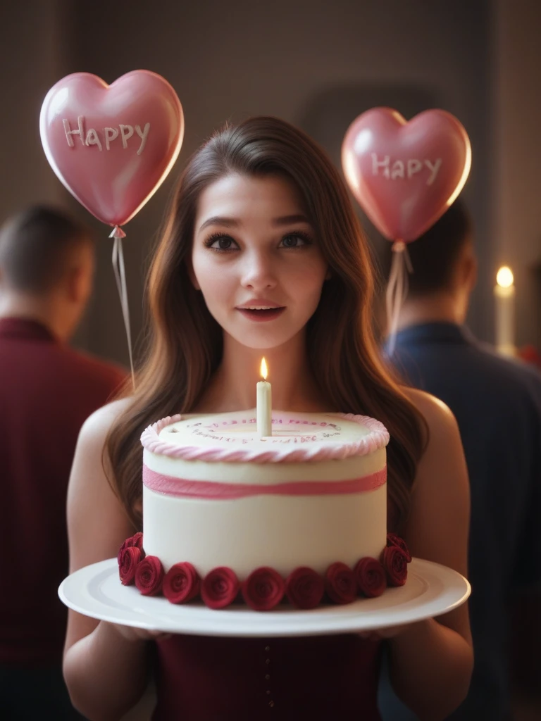 two very cute 3D animated character in three dimensions that resembles a woman and a man They are standing next to a big birthday cake with lit candles the character is blowing out the candles. There are several gift boxes around the cake, and the character holds a bouquet of heart-shaped balloons. The image is interesting, as it appears to be celebrating a birthday in an artistic and stylized way, using animation to convey the festivity