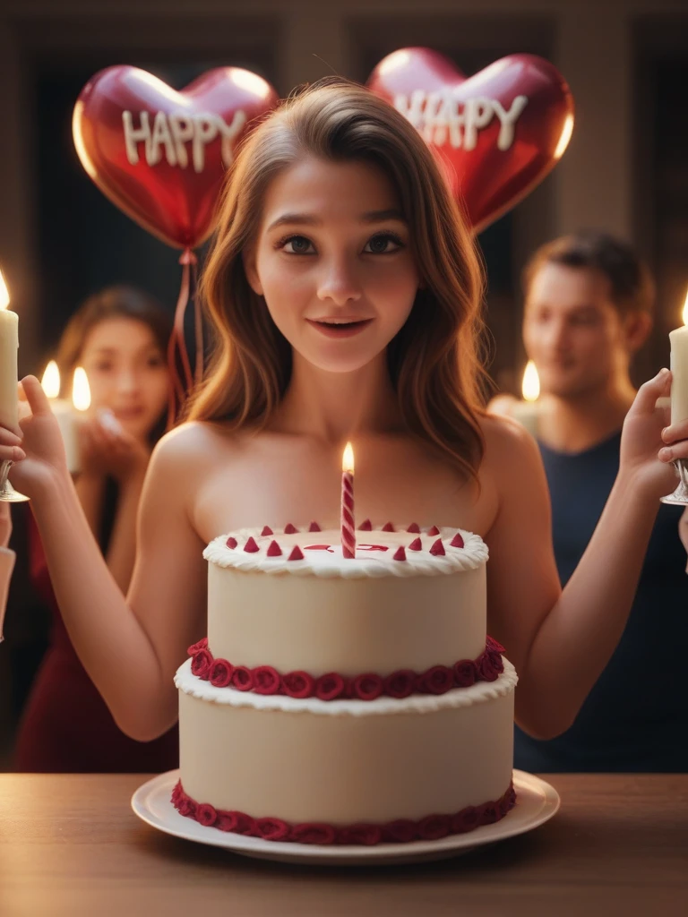 two very cute 3D animated character in three dimensions that resembles a woman and a man They are standing next to a big birthday cake with lit candles the character is blowing out the candles. There are several gift boxes around the cake, and the character holds a bouquet of heart-shaped balloons. The image is interesting, as it appears to be celebrating a birthday in an artistic and stylized way, using animation to convey the festivity