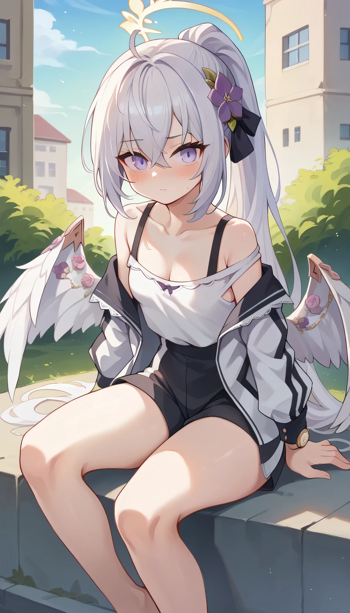 azusa_blue_archive,shorts,wings,absurdres,Yellow_halo,white_hair,blush,cleavage,closed_mouth,halo,small_breasts,off_shoulder,thighs,white_shirt,best quality,purple eyes,soft light that accentuates her innocent wide eyes,soft shadows,outside in the light of the Afternoon sun, gold watch, masterpiece, best quality, absurd"