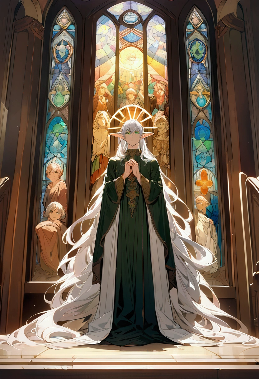 male, curtained hair, silver hair, shiny hair, absurdly long hair, sun god halo, Light green eyes, A look of pity, dropping eyes, Elf ears, Divine, Gothic art, Classicism, Church stained glass window, Colored windows, Painting on the stained glass window, UHD, anatomically correct, super detail