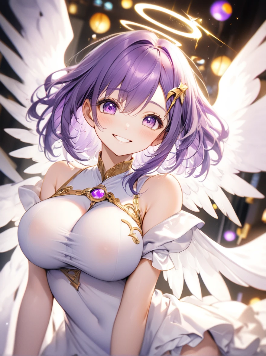 (Highest quality, 8k, 32K, masterpiece, Ultra-high resolution,:1.2),born, One girl,Super cute , Natural light,Clear, shining eyes, 20-year-old ,Fair skin, An innocent smile, Electronic world fantasy background, ,Purple-haired girl, Slanted Eyes, , An innocent smile, Grin, Angel, Angelの輪, Angelの羽根,Characteristic hairstyle,Big Breasts, Large Breasts