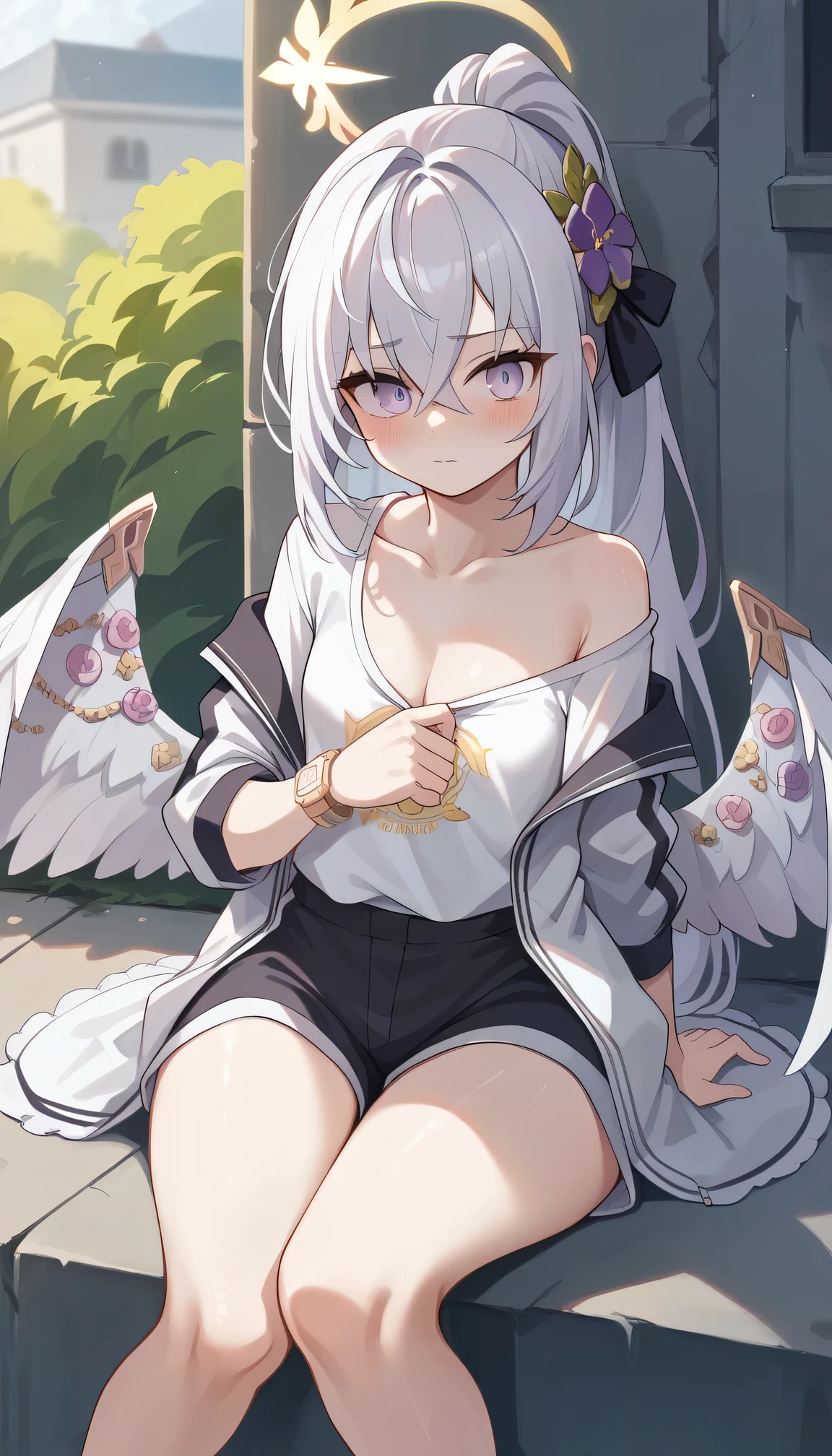 azusa_blue_archive,shorts,wings,absurdres,Yellow_halo,white_hair,blush,cleavage,closed_mouth,halo,small_breasts,off_shoulder,thighs,white_shirt,best quality,purple eyes,soft light that accentuates her innocent wide eyes,soft shadows,outside in the light of the Afternoon sun, gold watch, masterpiece, best quality, absurd"