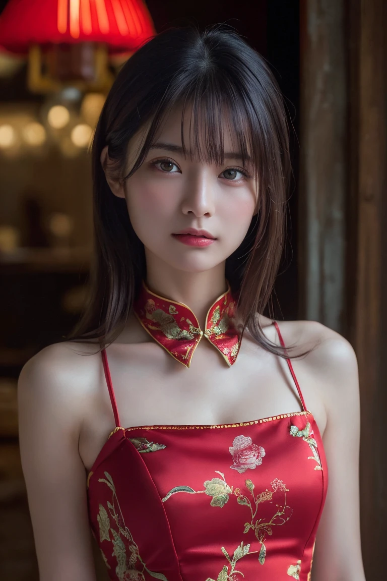 (Highest quality:1.4),(masterpiece:1.4),(Realistic:1.4),(Realistic:1.2),(超High resolution, RAW Photos:1.4),(High resolution, Very detailed:1.2),(8k:1.2),Movie Photos,a photo of a dark-haired,One Girl,alone,wear ,((China dress))、((Upper Body:1.3))