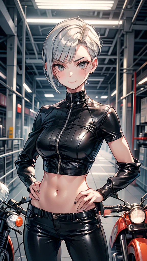 adult　Boyish Woman　Pixie Cut　I slicked my hair back.　Silver hair with a black hairline　Long, narrow eyes　smile　Glare　frivolous attitude　tall　Muscular　Factory work clothes　Stand in front of a motorcycle　Put your hands on your hips