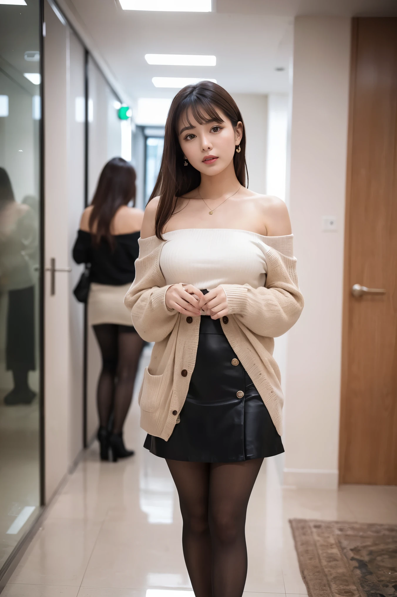 (((8k、High resolution、Highest quality、High resolution)))alone、Natural body shape、White skin、Natural Makeup、((Black Hair、bangs、Straight Long Hair))、((()))、Squat、(:1.4)、(())、(((((Full body photo)))))、(((Looking into the camera)))、(((Wear an off-the-shoulder tube top on your upper body)))、event会場、(((event))) 、((white collared long sleeve blouse))、((Beige cardigan))、((Tight skirt、mini skirt、Ultra-realistic pantyhose))、、、Expressionless、((Exposing your thighs)), Beautiful mature woman