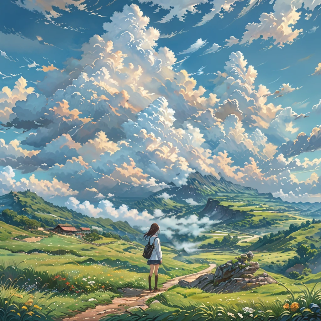 anime, anime landscape, beautiful hair, boyfriend girlfriend sweet, looking at clouds, in a grassland, creative, realist, white clouds, blue sky, landscape amazing, guy looking away from camera, wide photo