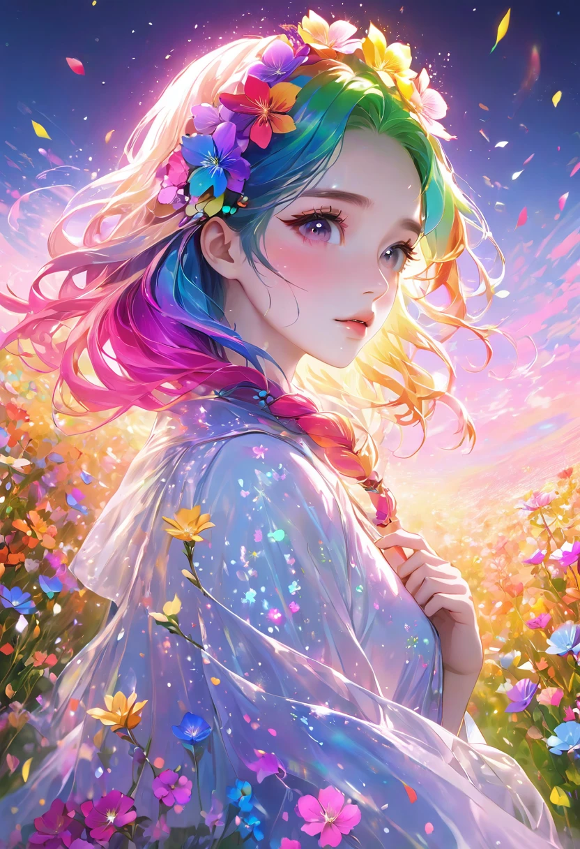 Masterpiece, high resolution, beautiful girl, rainbow hair, transparent flowers close to face with both hands, fantastic flower field, night, Korean style makeup, mature, older sister, eye makeup