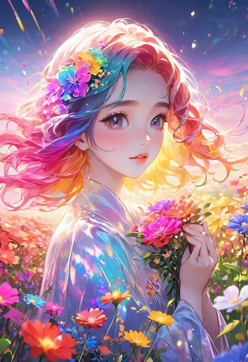 Masterpiece, high resolution, beautiful girl, rainbow hair, transparent flowers close to face with both hands, fantastic flower field, night, Korean style makeup, mature, older sister, eye makeup